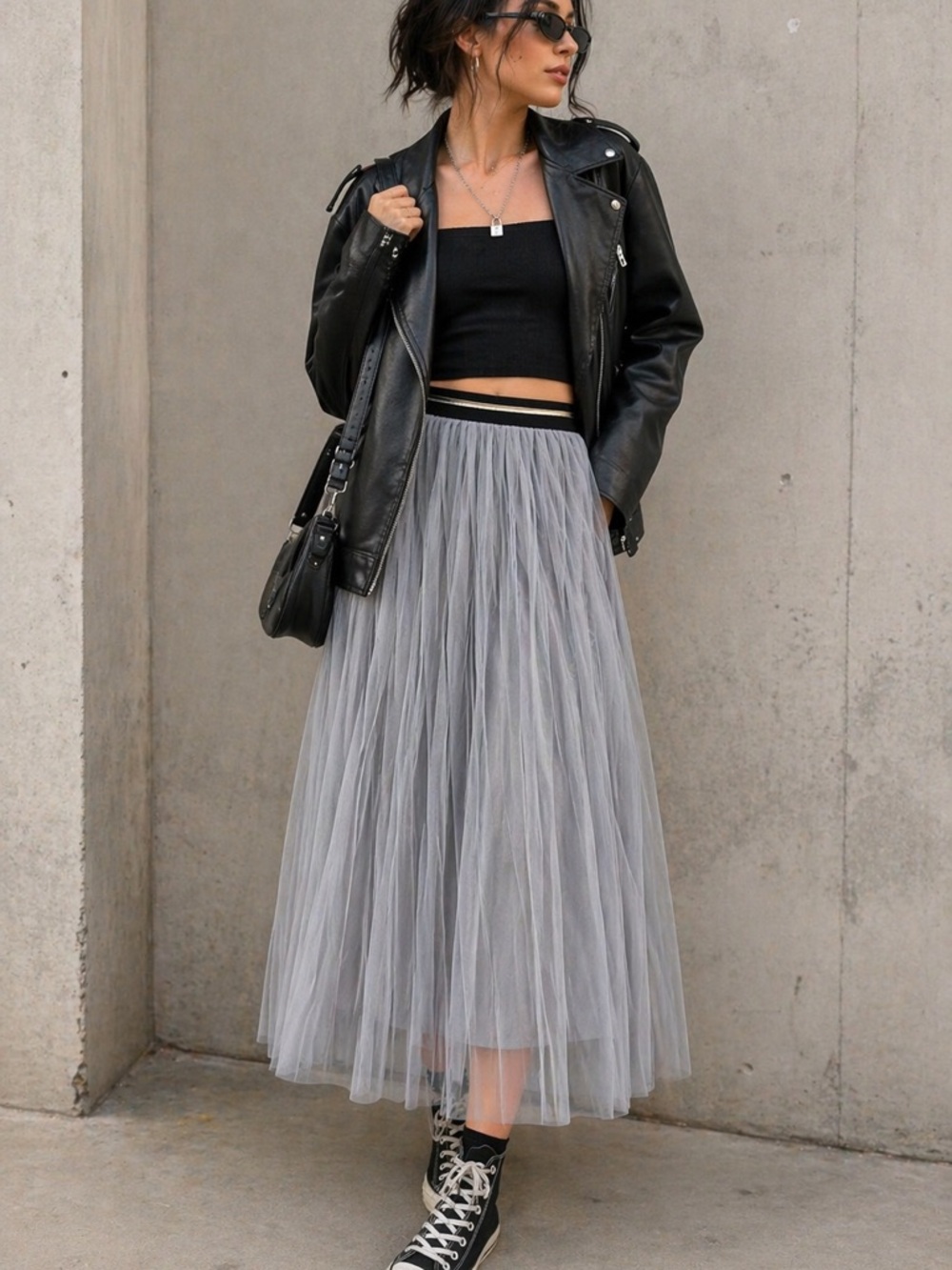 Gray Pleated Tulle Midi Skirt Black Gold Waistband Sheer‎ A-Line Balletcore